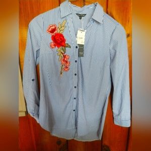 Unique Spectrum Striped Blouse w/Flower Applique Sz. S
